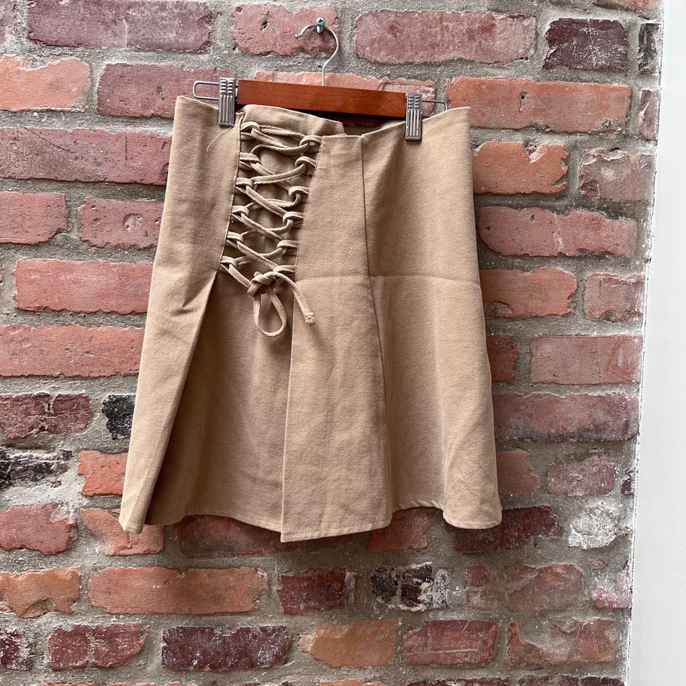 Brown Mini Skater Skirt with Tie Front